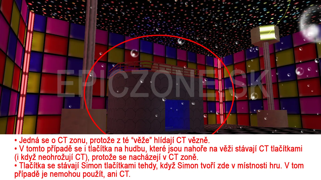 The tower in the disco is a CT zone, because CTs guard the prisoners from it. So the music buttons at the top of the tower are CT buttons, even though they don't put CTs at risk. They become Simon buttons when Simon runs a game in the room; then not even a CT can use them.