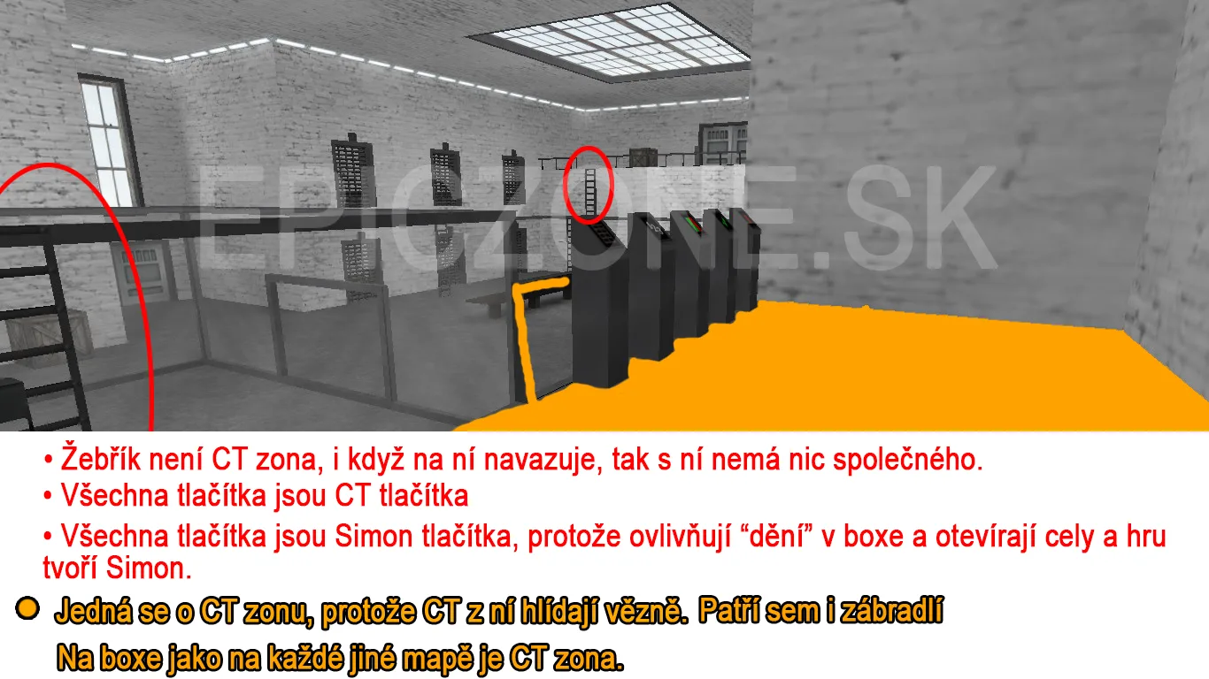 The ladder isn't a CT zone, even though it connects to one. All the buttons are CT buttons and also Simon buttons, because they affect what happens in the box, open the cells and Simon runs the game. The walkway is a CT zone, railing included, because CTs guard the prisoners from it; the top of the box is a CT zone, as on every other map.