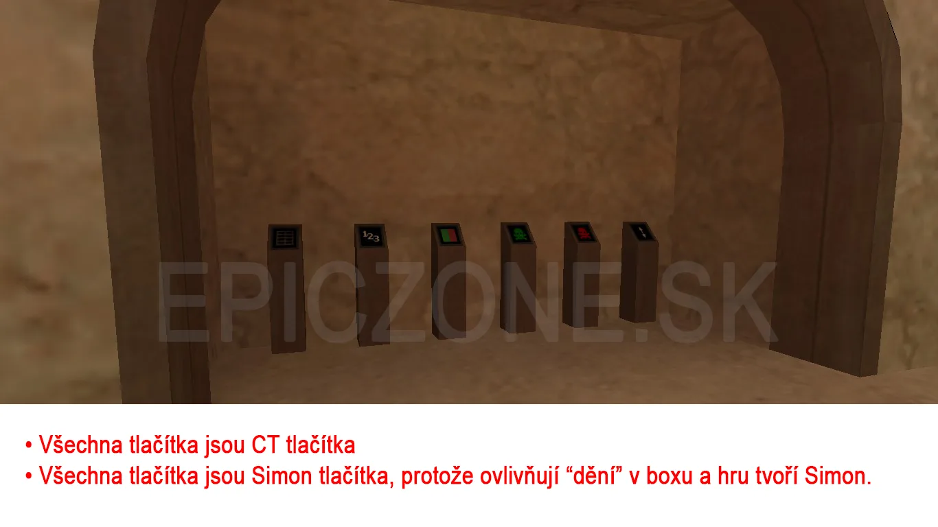 Row of buttons in the box: all the buttons are CT buttons and also Simon buttons, because they affect what happens in the box and Simon runs the game.