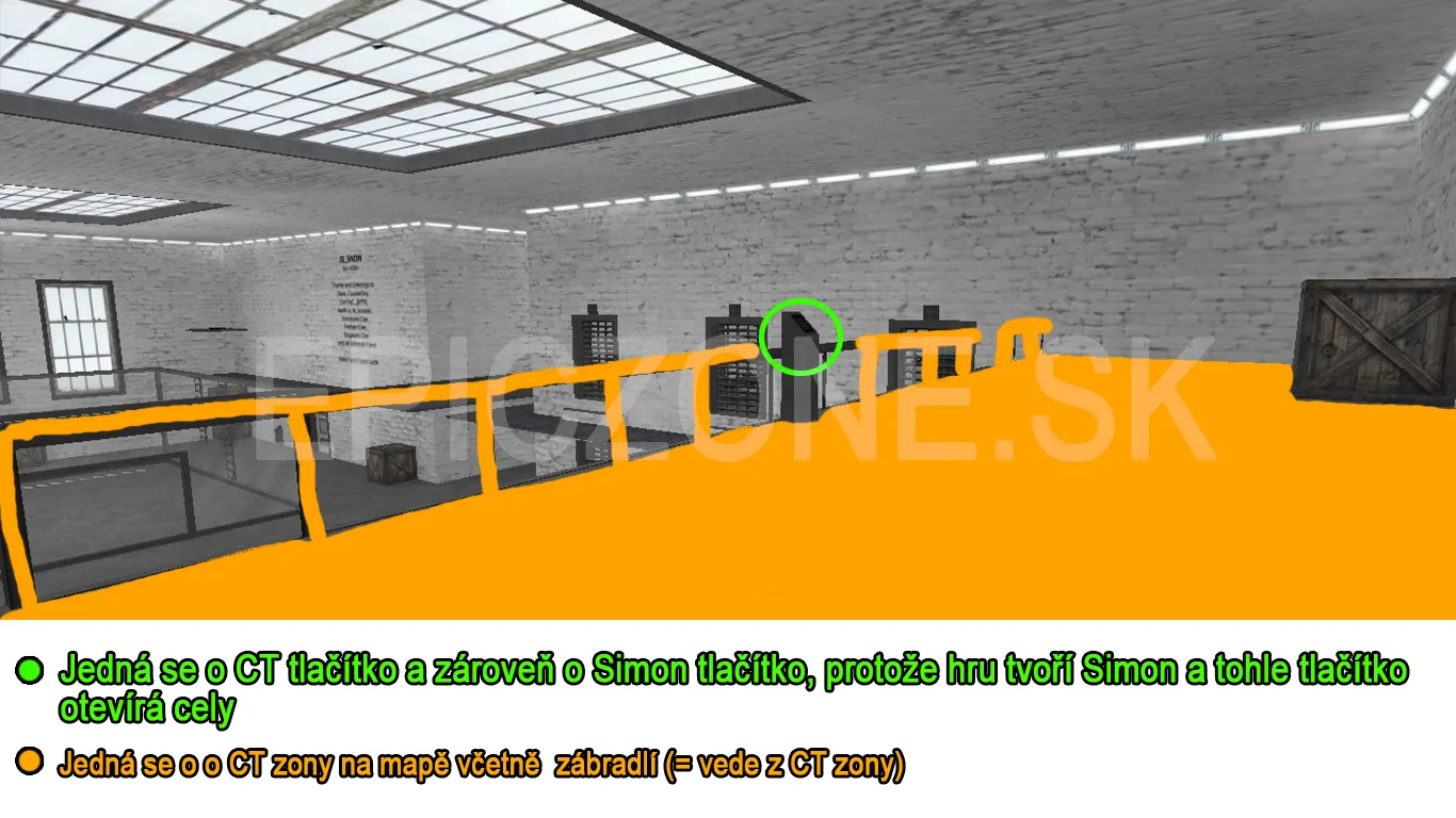The button on the walkway above the cells is a CT button and also a Simon button, because Simon runs the game and this button opens the cells. The walkway is a CT zone, including the railing that leads from the CT zone.