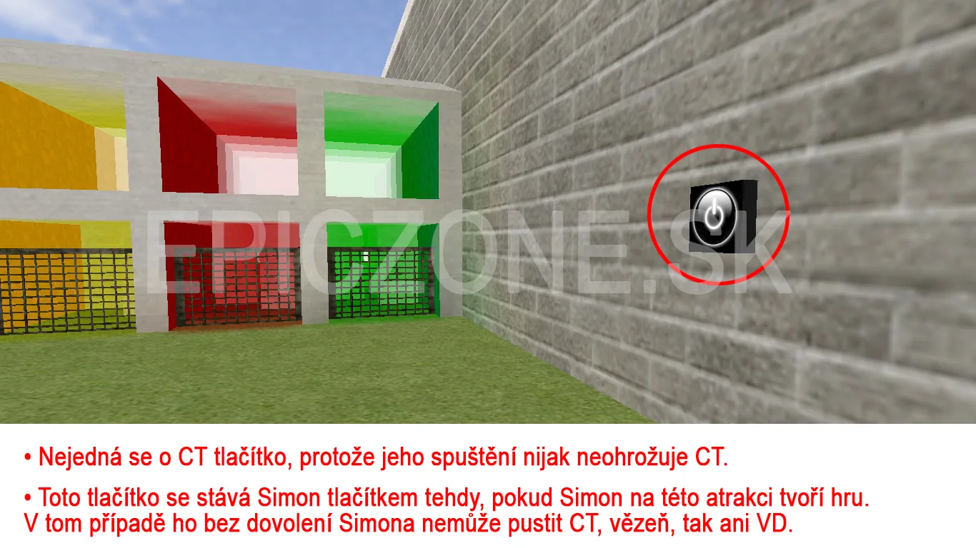 Button on the wall by the coloured cells: this isn't a CT button, because pressing it doesn't put CTs at risk in any way. It becomes a Simon button when Simon runs a game on this attraction. In that case, a CT, a prisoner or a VD can't press it without Simon's permission.